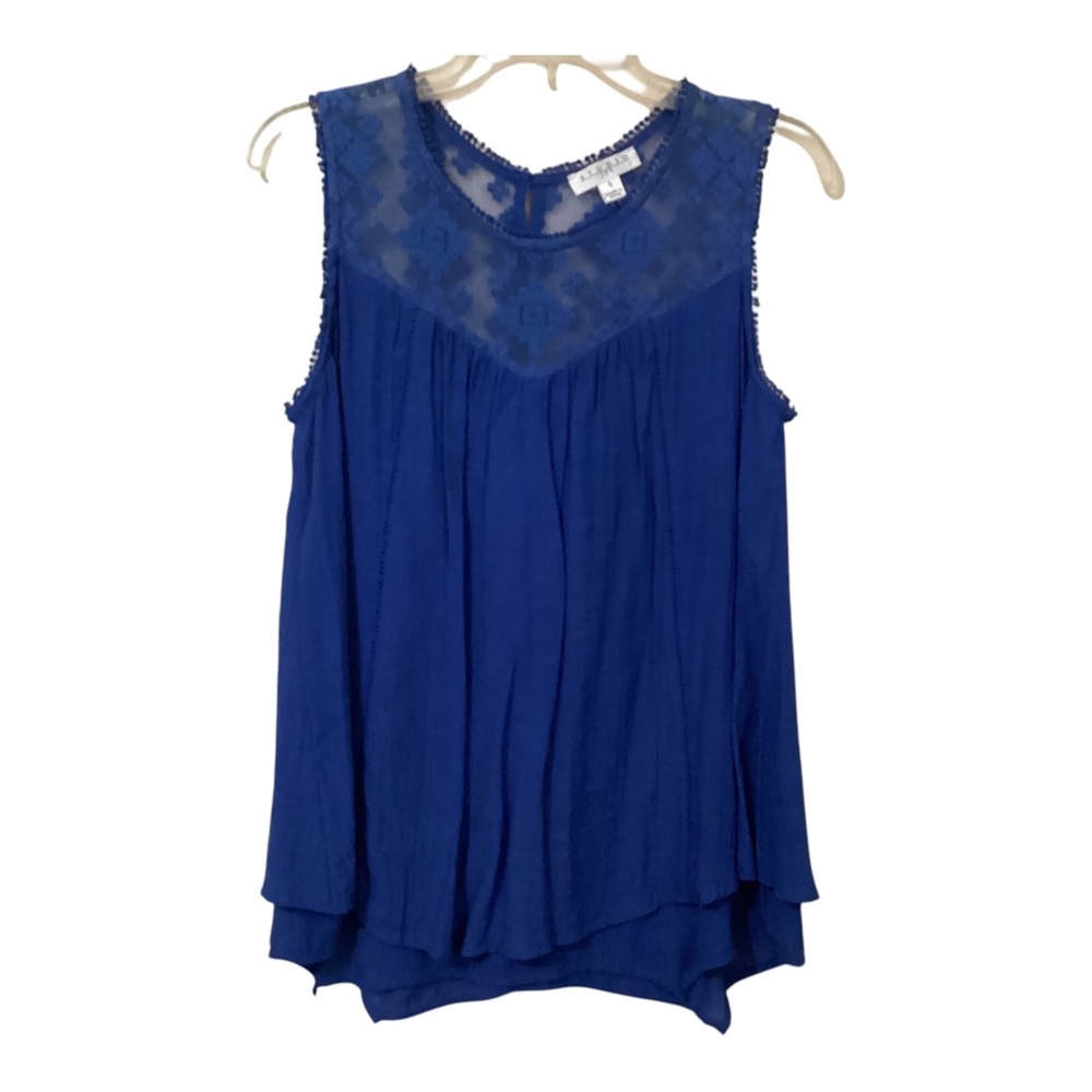 Studio JPR Sleeveless Top Sapphire Blue Lace Neckline Two Layer Hemline SMALL
